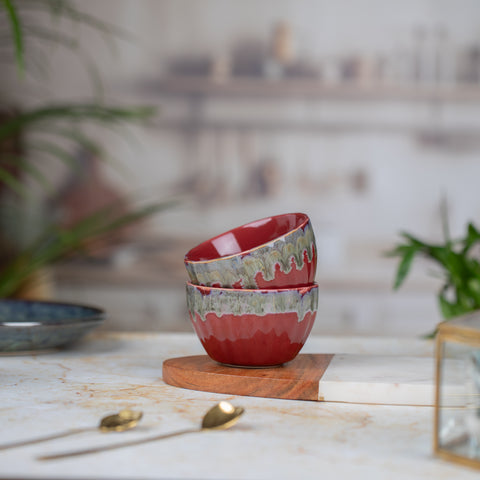 Ceramic Dessert Bowls Set of 2 | Premium Serving Dishes | H-2" D-3.5" | Red Melon Mini