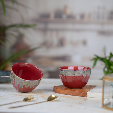 Ceramic Dessert Bowls Set of 2 | Premium Serving Dishes | H-2" D-3.5" | Red Melon Mini