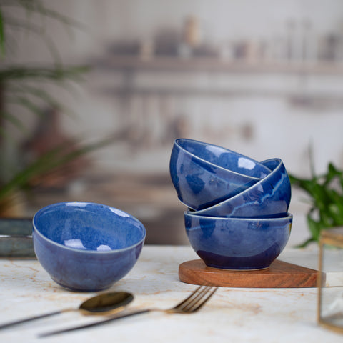 Ceramic Dessert Bowls (Set of 2) | Premium Serving Dishes | H-3" D-4" | Metallic Blue