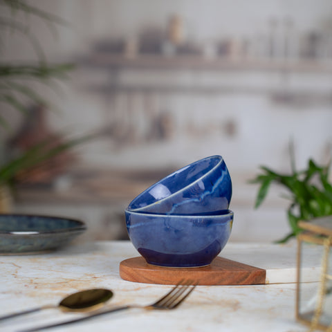 Ceramic Dessert Bowls (Set of 2) | Premium Serving Dishes | H-3" D-4" | Metallic Blue