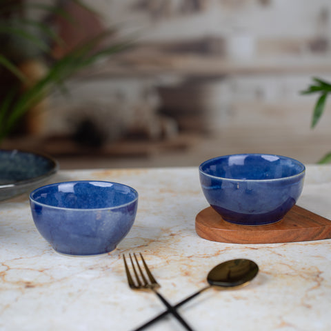 Ceramic Dessert Bowls (Set of 2) | Premium Serving Dishes | H-3" D-4" | Metallic Blue