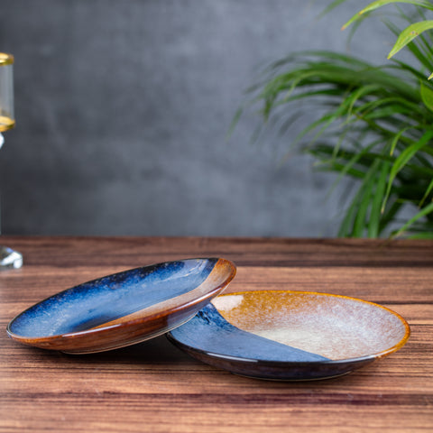 Elegant Ceramic Quarter Plates Set of 2 - Stylish 7-Inch Diameter Ceramic Plates for Appetizers, Desserts | Microwave & Dishwasher Safe | Contemporary Elegance for Every Occasion | H - 1" D- 7" | Blue and Orange