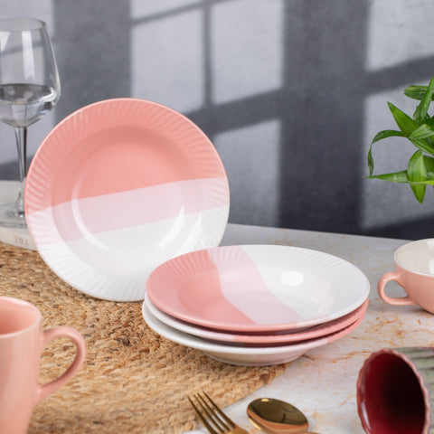 Premium Ceramic Pasta, Soup, and Snack Plates Half- Set of 2 | Microwave and Oven Safe | Dishwasher Safe | Versatile Dining Essentials | Pink and White