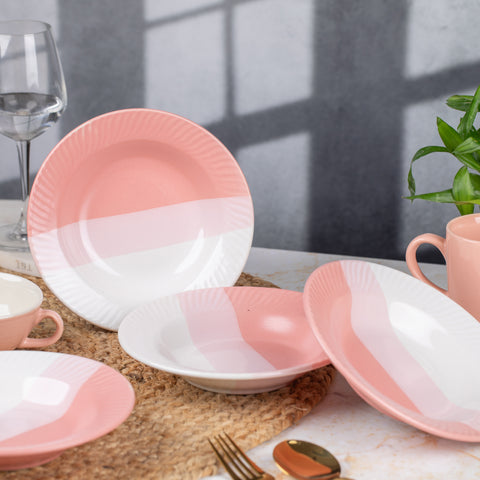 Premium Ceramic Pasta, Soup, and Snack Plates Half- Set of 2 | Microwave and Oven Safe | Dishwasher Safe | Versatile Dining Essentials | Pink and White