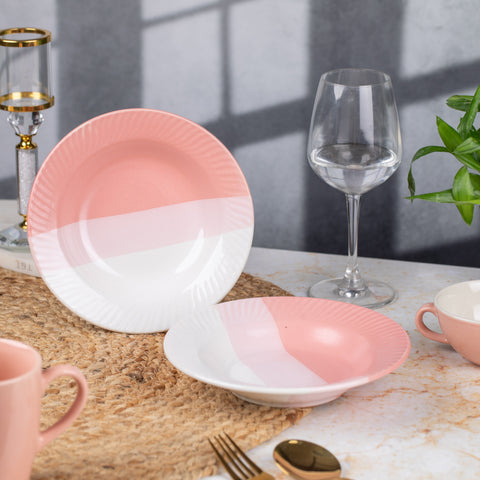 Premium Ceramic Pasta, Soup, and Snack Plates Half- Set of 2 | Microwave and Oven Safe | Dishwasher Safe | Versatile Dining Essentials | Pink and White