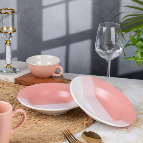 Premium Ceramic Pasta, Soup, and Snack Plates Half- Set of 2 | Microwave and Oven Safe | Dishwasher Safe | Versatile Dining Essentials | Pink and White