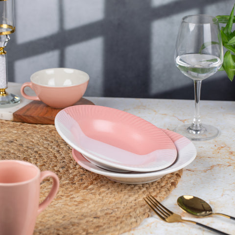 Premium Ceramic Pasta, Soup, and Snack Plates Half- Set of 2 | Microwave and Oven Safe | Dishwasher Safe | Versatile Dining Essentials | Pink and White