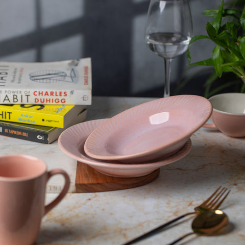 Premium Ceramic Pasta, Soup, and Snack Plates Half- Set of 2 | Microwave and Oven Safe | Dishwasher Safe | Versatile Dining Essentials | Pink