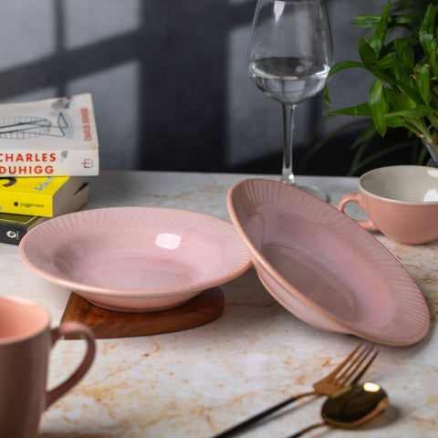 Premium Ceramic Pasta, Soup, and Snack Plates Half- Set of 2 | Microwave and Oven Safe | Dishwasher Safe | Versatile Dining Essentials | Pink