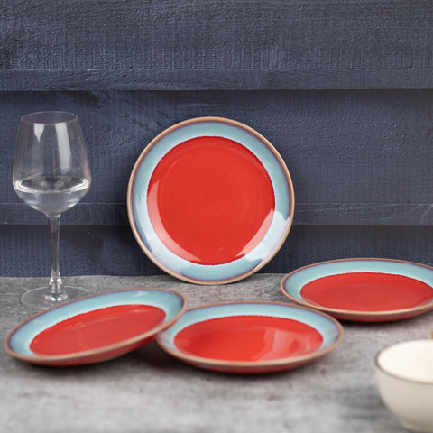 Elegant Ceramic Dinner Plates - Set of 2 | Microwave & Dishwasher Safe | 7" Diameter | 1" Height  | Stylish Dining for 2 | Red and Sky Blue