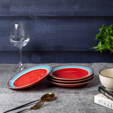 Elegant Ceramic Dinner Plates - Set of 2 | Microwave & Dishwasher Safe | 7" Diameter | 1" Height  | Stylish Dining for 2 | Red and Sky Blue