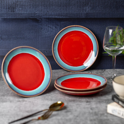 Elegant Ceramic Dinner Plates - Set of 2 | Microwave & Dishwasher Safe | 7" Diameter | 1" Height  | Stylish Dining for 2 | Red and Sky Blue