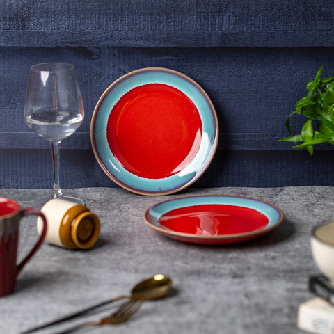 Elegant Ceramic Dinner Plates - Set of 2 | Microwave & Dishwasher Safe | 7" Diameter | 1" Height  | Stylish Dining for 2 | Red and Sky Blue
