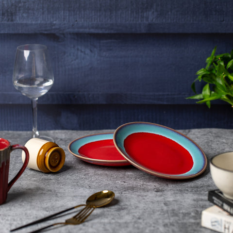 Elegant Ceramic Dinner Plates - Set of 2 | Microwave & Dishwasher Safe | 7" Diameter | 1" Height  | Stylish Dining for 2 | Red and Sky Blue
