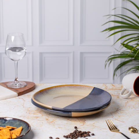 Elegant Ceramic Dinner Plates - Set of 2 | Microwave & Dishwasher Safe | 10" Diameter | 1" Height  | Stylish Dining for 2 | Blue and Cream