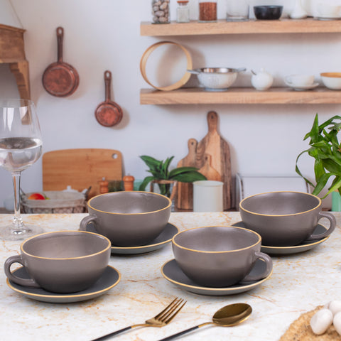 Ceramic Elite Coffee Cups with Saucer Matt Finish (Set of 2) | Unique Broad Mugs with Handle for Coffee Grey | H-2.5" W-5.5"