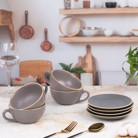 Ceramic Elite Coffee Cups with Saucer Matt Finish (Set of 2) | Unique Broad Mugs with Handle for Coffee Grey | H-2.5" W-5.5"