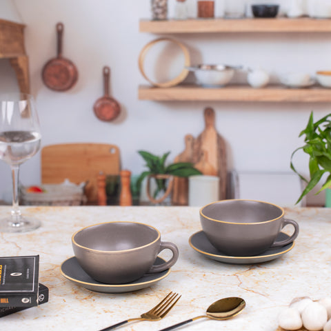 Ceramic Elite Coffee Cups with Saucer Matt Finish (Set of 2) | Unique Broad Mugs with Handle for Coffee Grey | H-2.5" W-5.5"