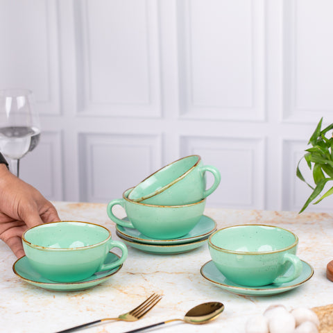 Ceramic Elite Coffee Cups Set with Saucer ( Set of 2)  | Metallic Green | H-2.5" W-5.5"