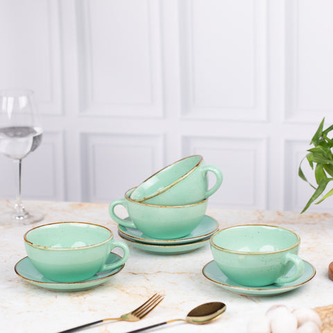 Ceramic Elite Coffee Cups Set with Saucer ( Set of 2)  | Metallic Green | H-2.5" W-5.5"