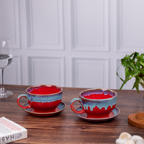 Red & Blue Elite Coffee Cups with Saucer ( Set of 2) | Unique Broad Mugs with Handle for Coffee, Soup| Red Blue | H-2.5" W-5.5"