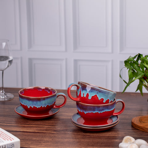 Red & Blue Elite Coffee Cups with Saucer ( Set of 2) | Unique Broad Mugs with Handle for Coffee, Soup| Red Blue | H-2.5" W-5.5"