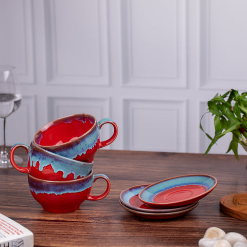 Red & Blue Elite Coffee Cups with Saucer ( Set of 2) | Unique Broad Mugs with Handle for Coffee, Soup| Red Blue | H-2.5" W-5.5"