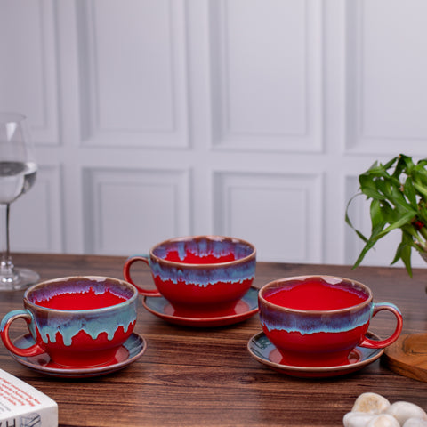 Red & Blue Elite Coffee Cups with Saucer ( Set of 2) | Unique Broad Mugs with Handle for Coffee, Soup| Red Blue | H-2.5" W-5.5"