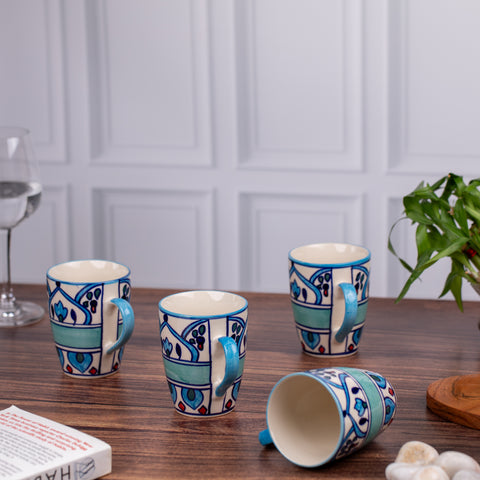 Ceramic Tea Coffee Mugs with Handles (Set of 2) | Microwave Safe | Dishwash resistant | Scratch Resistant | Blue with Elegant Designs | H-4.5" D-3"