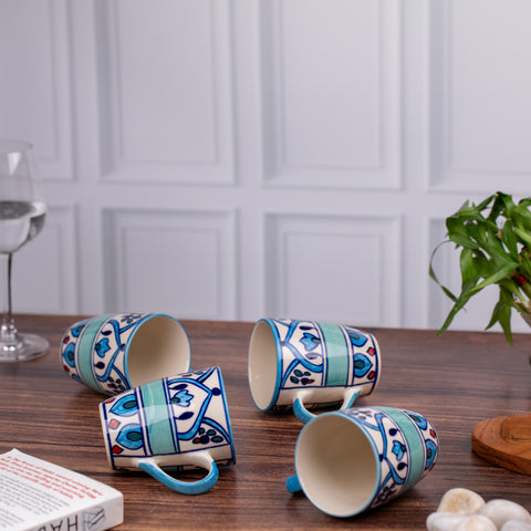 Ceramic Tea Coffee Mugs with Handles (Set of 2) | Microwave Safe | Dishwash resistant | Scratch Resistant | Blue with Elegant Designs | H-4.5" D-3"