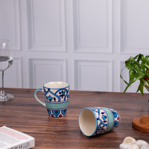 Ceramic Tea Coffee Mugs with Handles (Set of 2) | Microwave Safe | Dishwash resistant | Scratch Resistant | Blue with Elegant Designs | H-4.5" D-3"