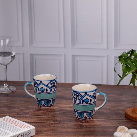 Ceramic Tea Coffee Mugs with Handles (Set of 2) | Microwave Safe | Dishwash resistant | Scratch Resistant | Blue with Elegant Designs | H-4.5" D-3"