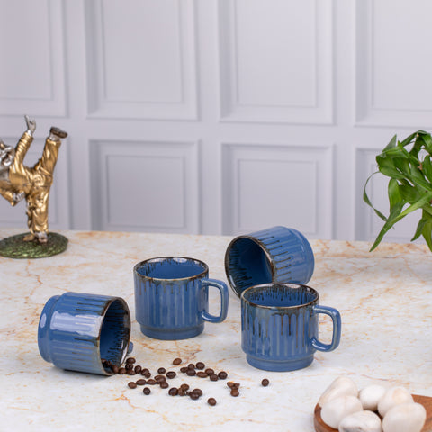 Ceramic Tea Coffee Mugs with Handles Set of 2 | Microwave Safe | Dishwash resistant | Scratch Resistant | Metallic Blue | H-4.5" D-3"