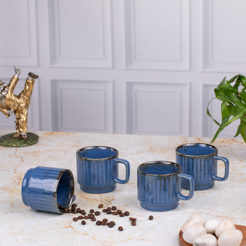 Ceramic Tea Coffee Mugs with Handles Set of 2 | Microwave Safe | Dishwash resistant | Scratch Resistant | Metallic Blue | H-4.5" D-3"