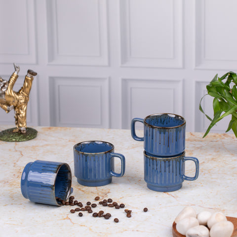 Ceramic Tea Coffee Mugs with Handles Set of 2 | Microwave Safe | Dishwash resistant | Scratch Resistant | Metallic Blue | H-4.5" D-3"