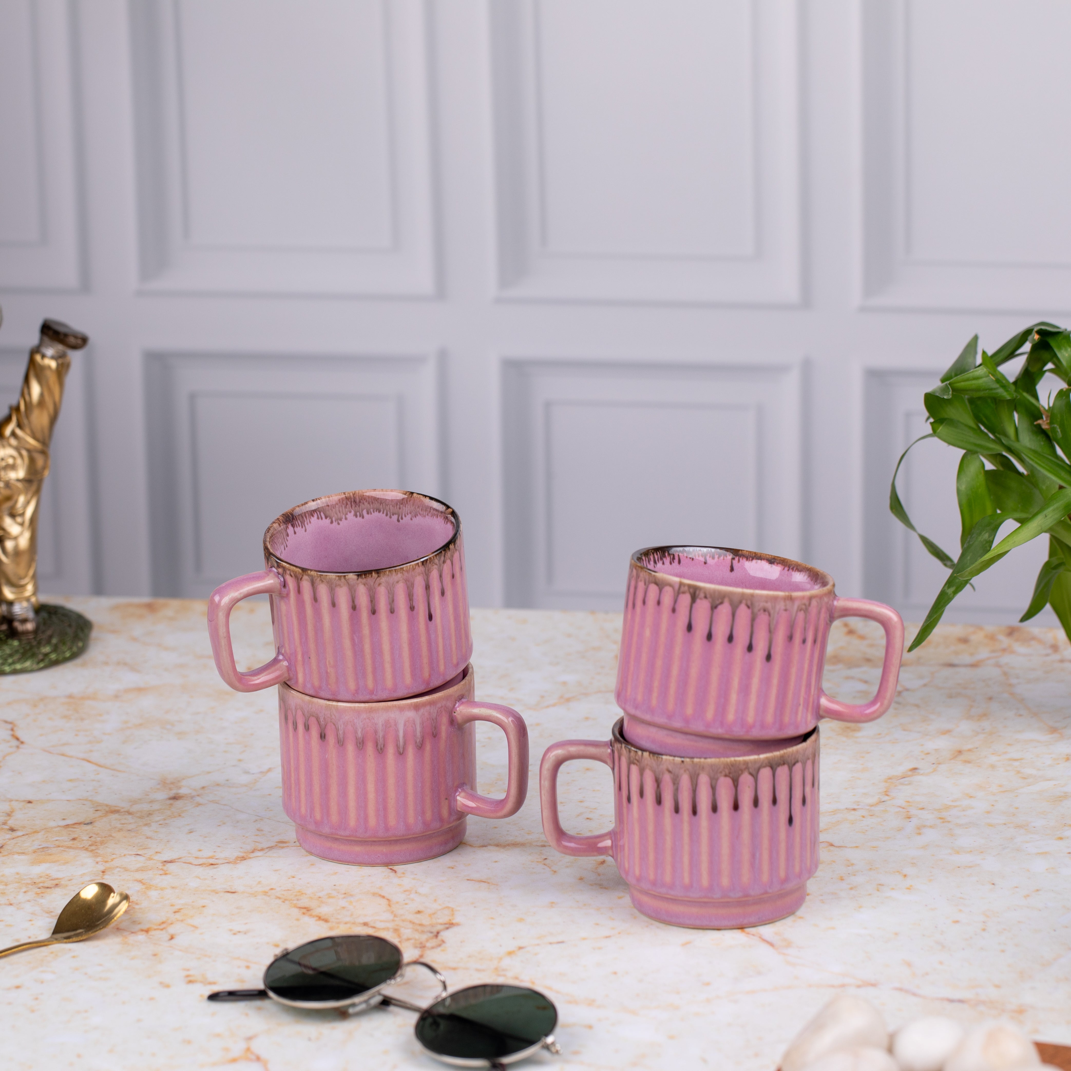 Ceramic Tea Coffee Mugs with Handles Set of 2 | Microwave Safe | Dishwash resistant | Scratch Resistant | Metallic Pink | H-4.5" D-3"