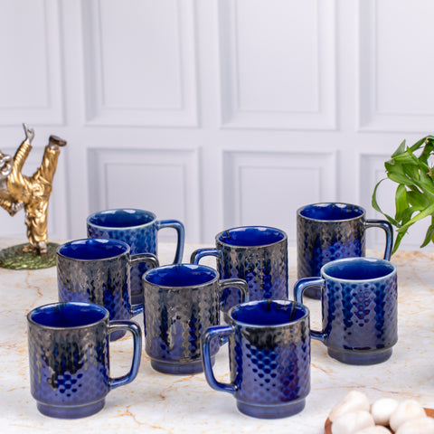 Ceramic Tea Coffee Mugs with Handles Set of 2 | Microwave Safe | Dishwash resistant | Scratch Resistant | Metallic Blue | H-4.5" D-3"