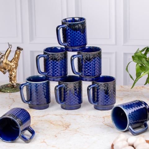 Ceramic Tea Coffee Mugs with Handles Set of 2 | Microwave Safe | Dishwash resistant | Scratch Resistant | Metallic Blue | H-4.5" D-3"