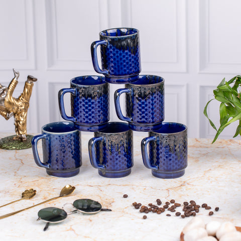 Ceramic Tea Coffee Mugs with Handles Set of 2 | Microwave Safe | Dishwash resistant | Scratch Resistant | Metallic Blue | H-4.5" D-3"