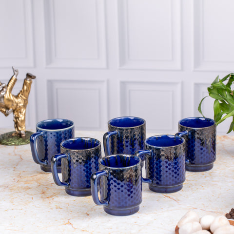 Ceramic Tea Coffee Mugs with Handles Set of 2 | Microwave Safe | Dishwash resistant | Scratch Resistant | Metallic Blue | H-4.5" D-3"