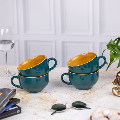 Elite Coffee Cups( Set of 2 ) | Unique Broad Mugs with Handle for Coffee| Green Brown | H-2.5" W-5.5"