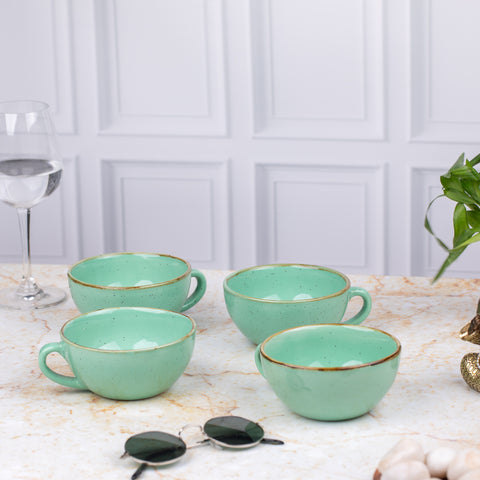 Ceramic Elite Coffee Cups Soup Bowls (Set of 2) | Unique Broad Mugs with Handle for Coffee, Soup| Pastel Green | H-2.5" W-5.5"