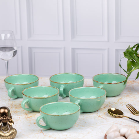 Ceramic Elite Coffee Cups Soup Bowls (Set of 2) | Unique Broad Mugs with Handle for Coffee, Soup| Pastel Green | H-2.5" W-5.5"