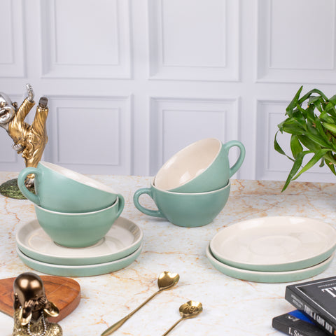 Ceramic Elite Coffee Cups Soup Bowls with Saucer (Set of 2) | Unique Broad Mugs with Handle for Coffee, Soup| Pastel Green | H-2.5" W-5.5"