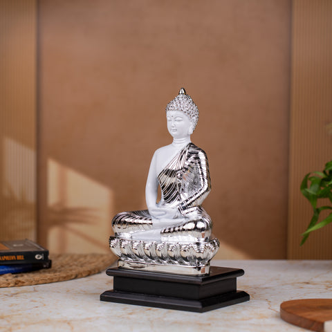 Elegant Sitting Buddha Idol Statue Showpiece for Home Decor Decoration and Gifting White Silver