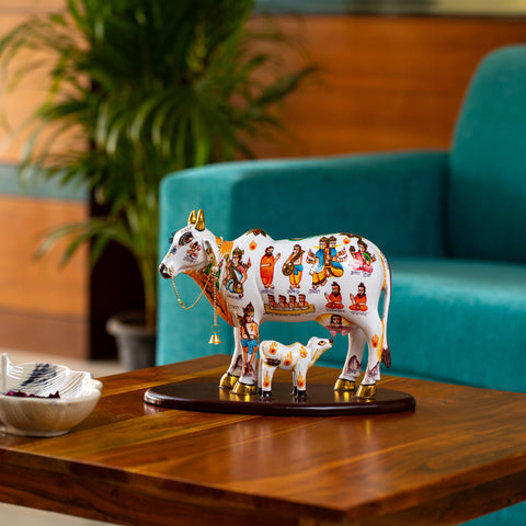 Mythological White Cow With Baby Cow Sucking Milk Statue|Colourful Imprints Statue