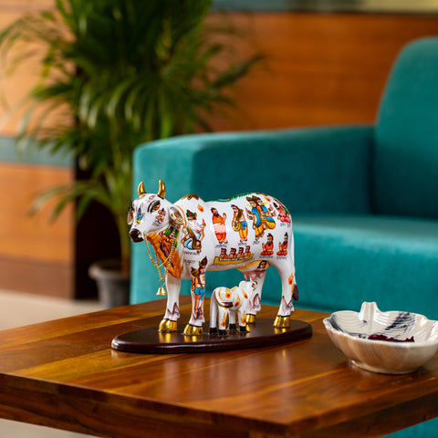 Mythological White Cow With Baby Cow Sucking Milk Statue|Colourful Imprints Statue