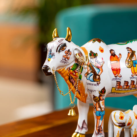 Mythological White Cow With Baby Cow Sucking Milk Statue|Colourful Imprints Statue