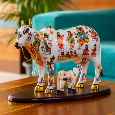 Mythological White Cow With Baby Cow Sucking Milk Statue|Colourful Imprints Statue