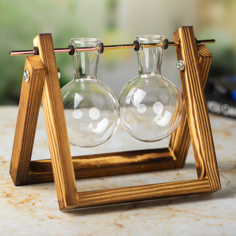 Double Bulb Vase with Wooden Stand